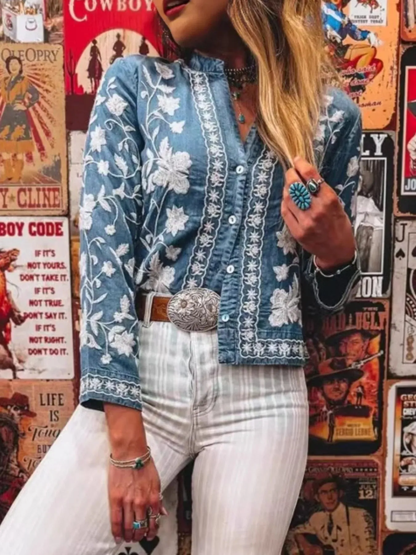 Floral Embroidered Button Up Denim Shirt sold by Unique Kulture product image thumbnail 3