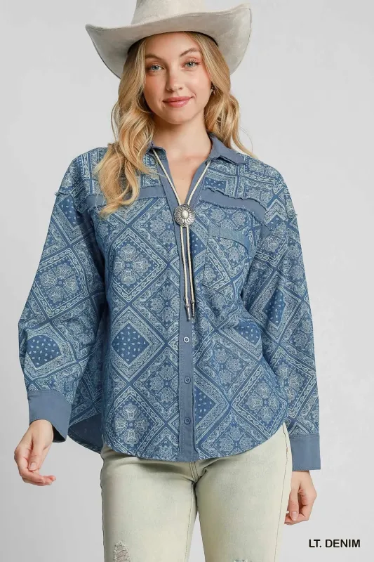 Umgee Paisley Print Denim Shirt Jacket sold by Unique Kulture