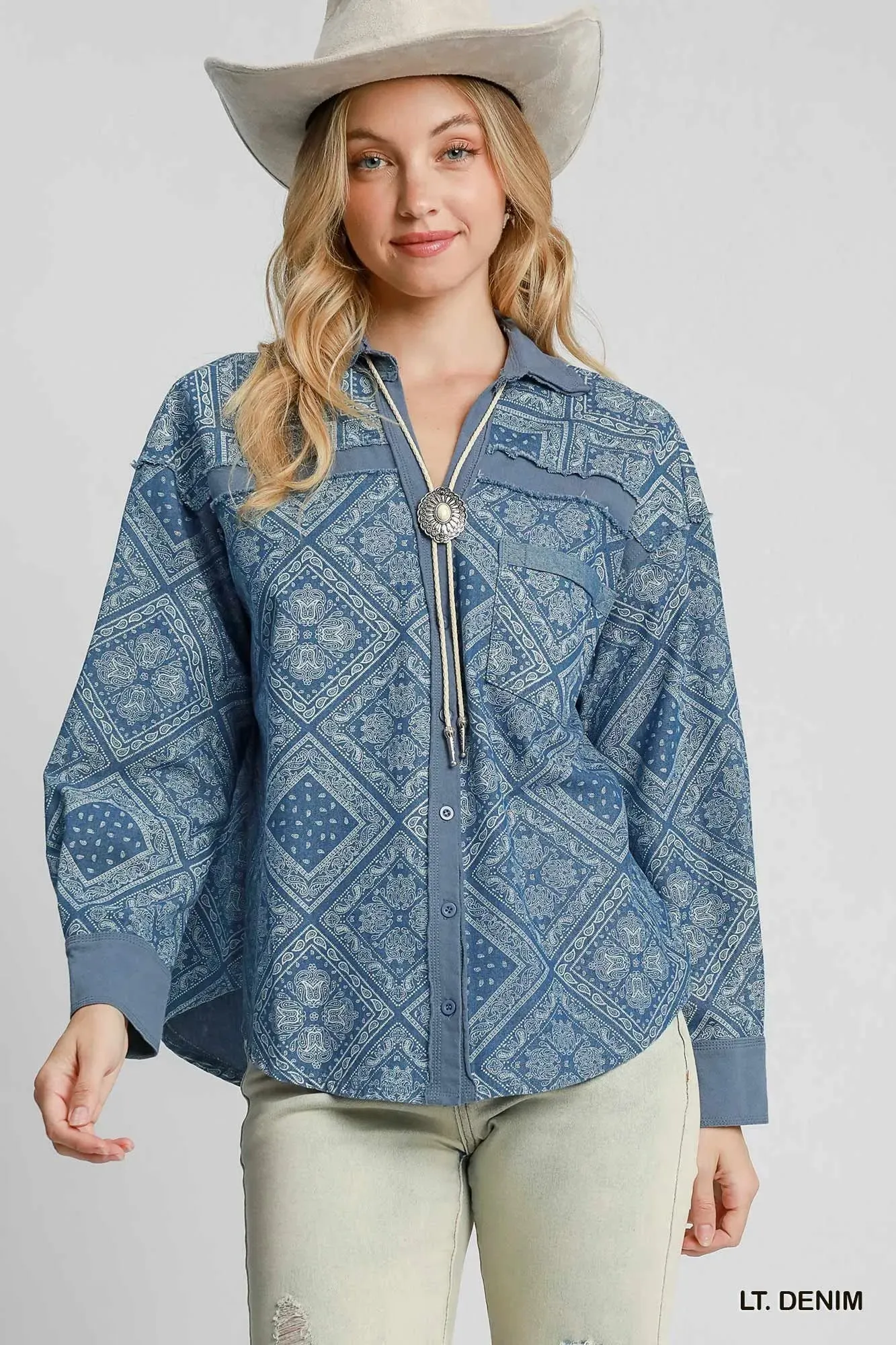 Umgee Paisley Print Denim Shirt Jacket sold by Unique Kulture