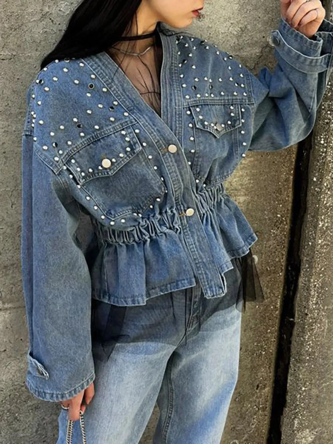 Studded Button Up Denim Jacket sold by Unique Kulture