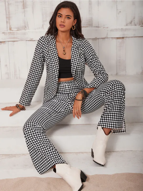 Checkered Blazer & Slit Pants Set made by Trendsi