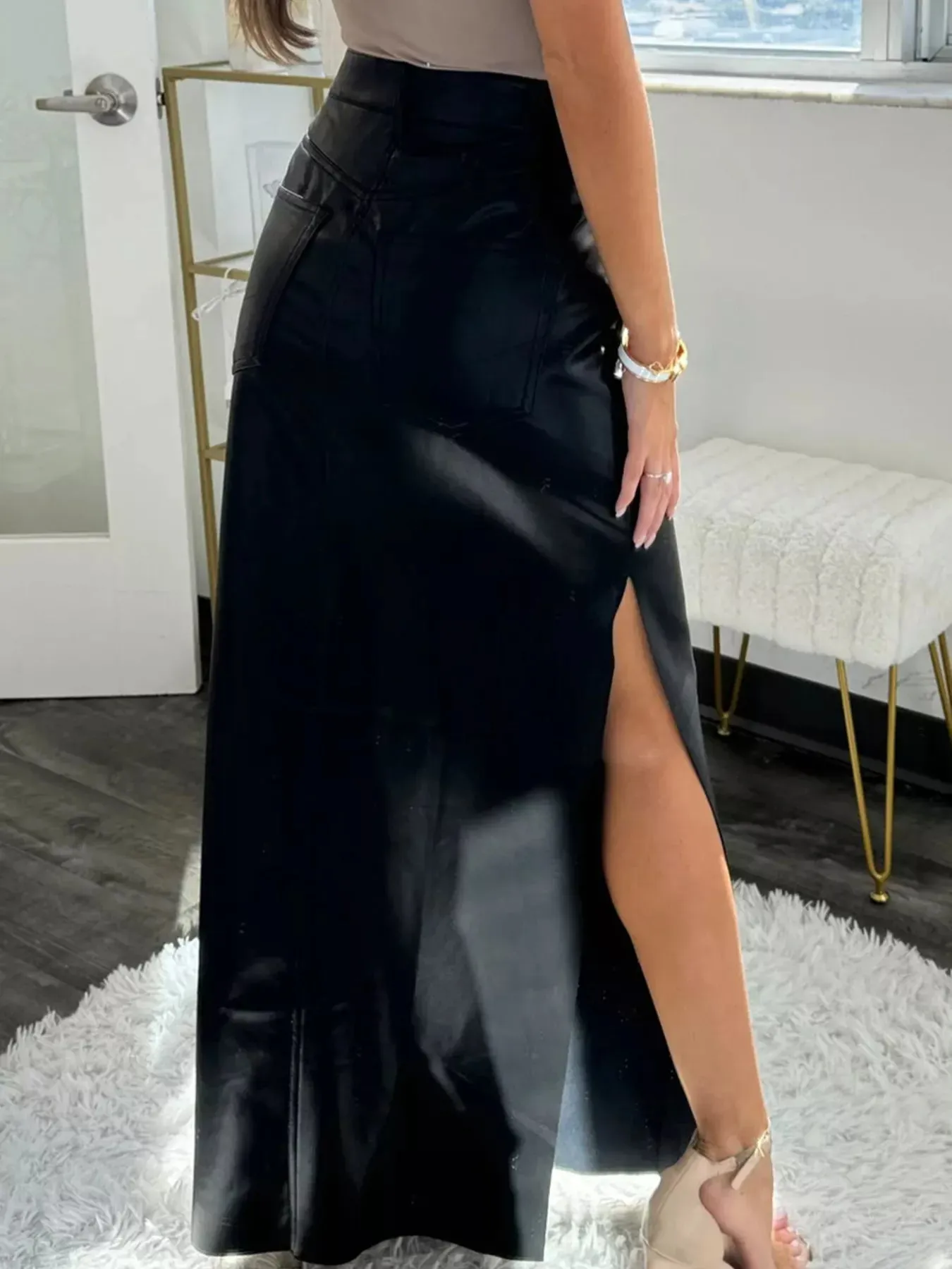 Leather High-Waist Side Slit Maxi Skirt sold by Unique Kulture product image thumbnail 3