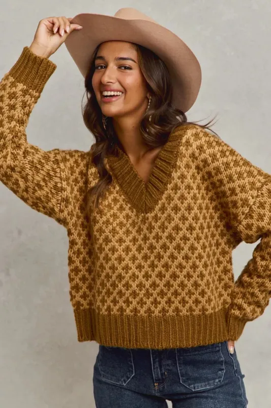 SO ME Color Block Textured Christmas Sweater V Neck Top made by Trendsi