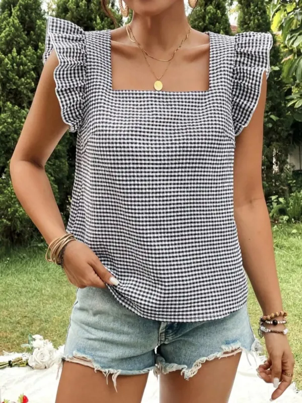 Gingham Ruffle Sleeve Square Neck Blouse sold by Unique Kulture
