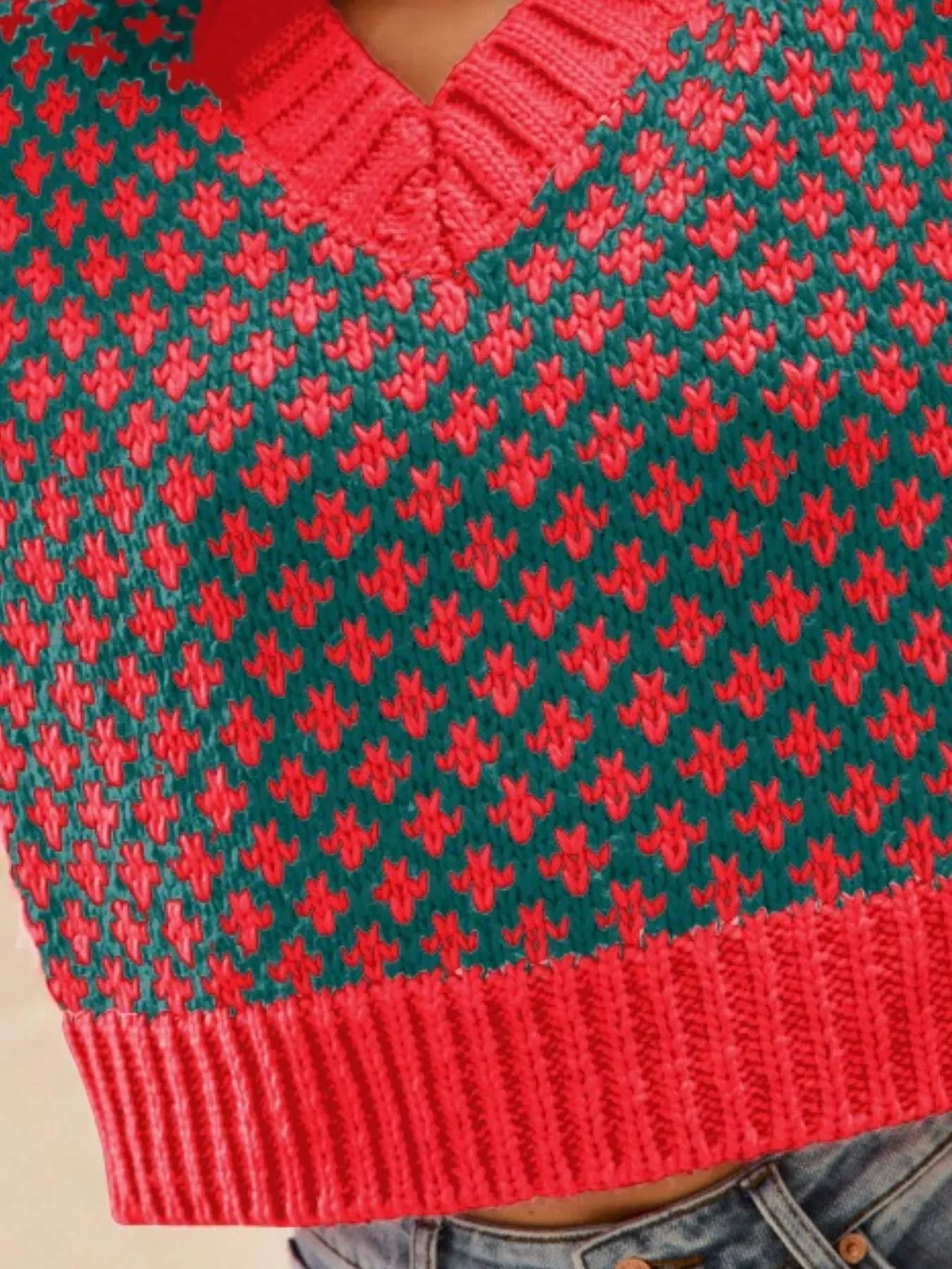 SO ME Color Block Textured Christmas Sweater V Neck Top sold by Unique Kulture product image thumbnail 3