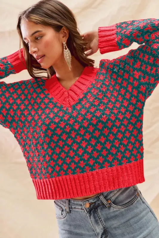 SO ME Color Block Textured Christmas Sweater V Neck Top made by Trendsi