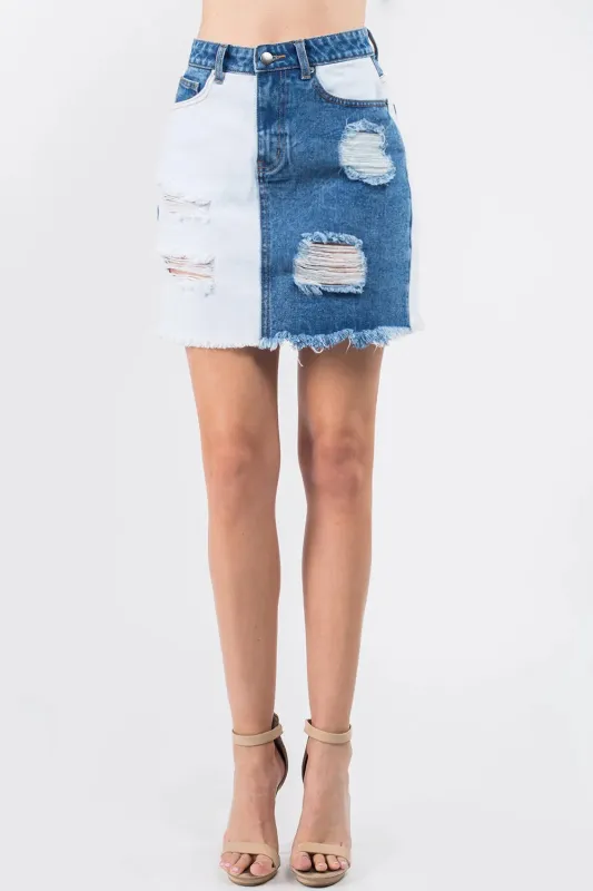 American Bazi Contrast Patched Frayed Denim Distressed Skirts made by Trendsi
