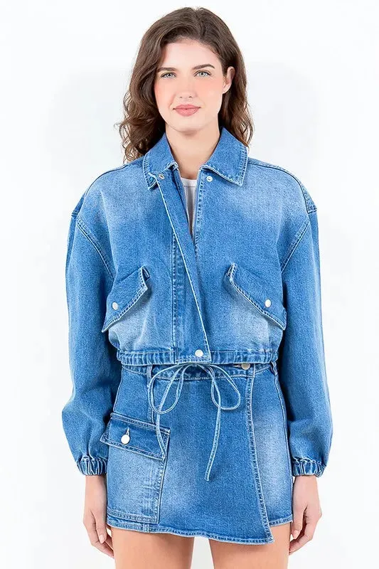 American Bazi Full Size Drop Shoulder Cropped Denim Jacket with Waist Strap Plus Size sold by Unique Kulture