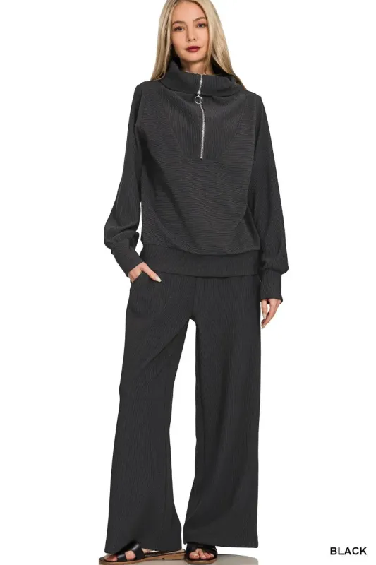 Zenana Ribbed High Neck Half Zip Pullover & Pants Set sold by Unique Kulture