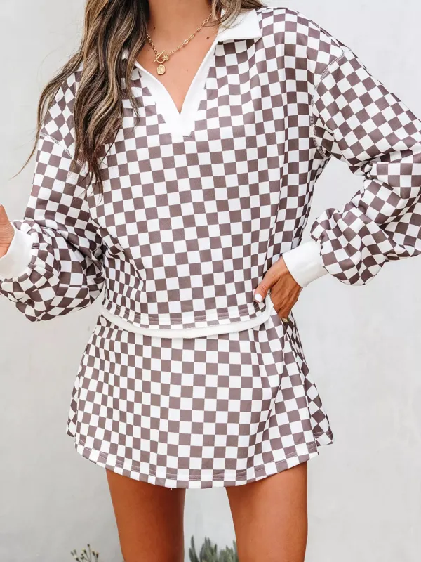 Checkered Print Polo Collar Cropped Long Sleeve Top and Drawstring Mini Skirt Set sold by Unique Kulture
