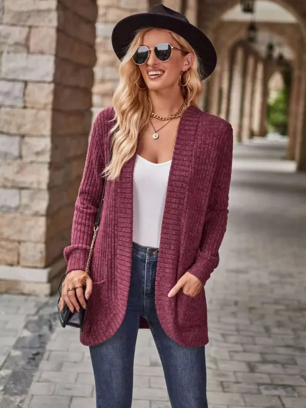 Open Front Ribbed Knit Cardigan made by Trendsi