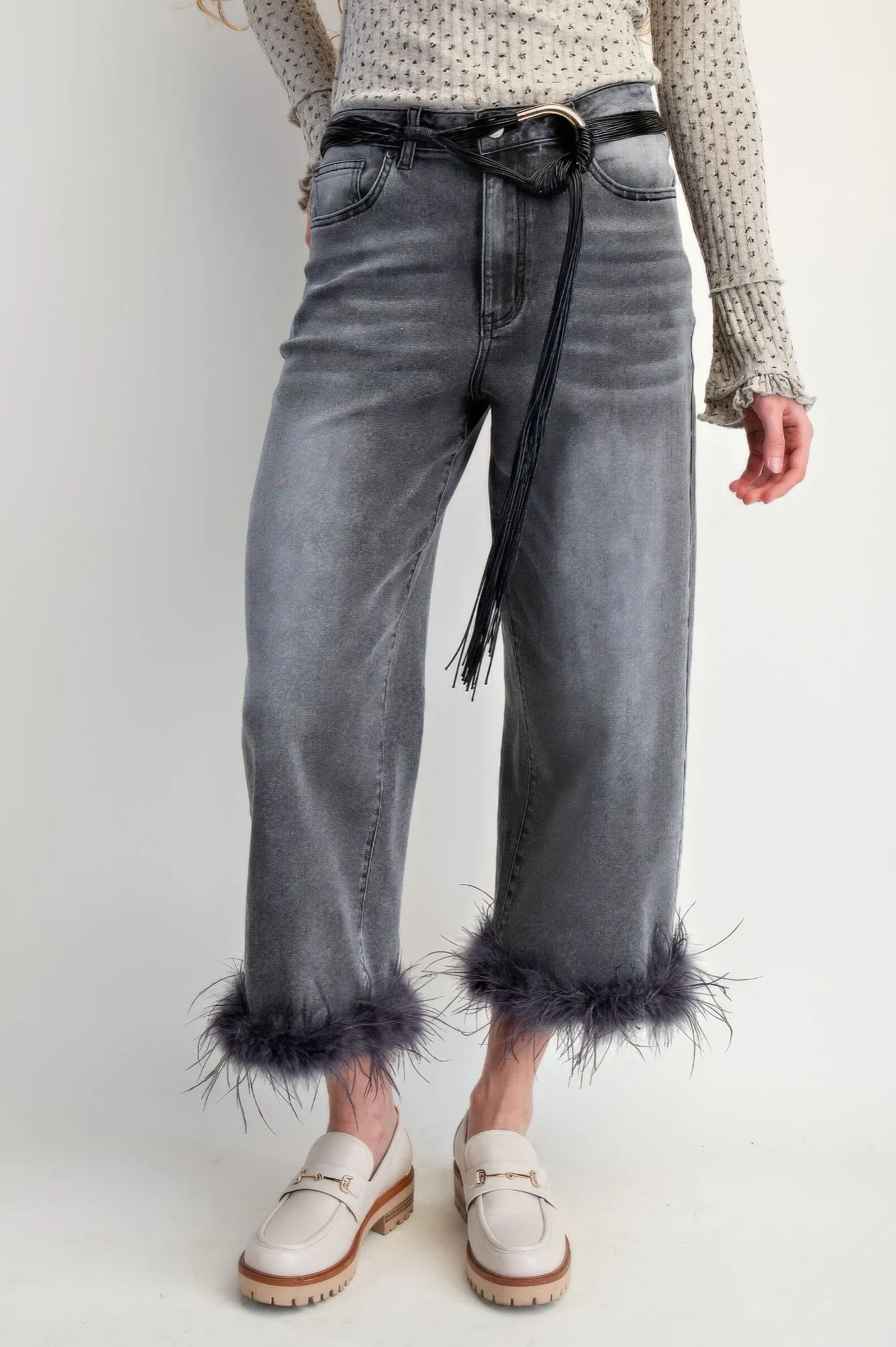 Fur Bottom Hem Washed Stretch Denim Pants sold by Unique Kulture product image thumbnail 3