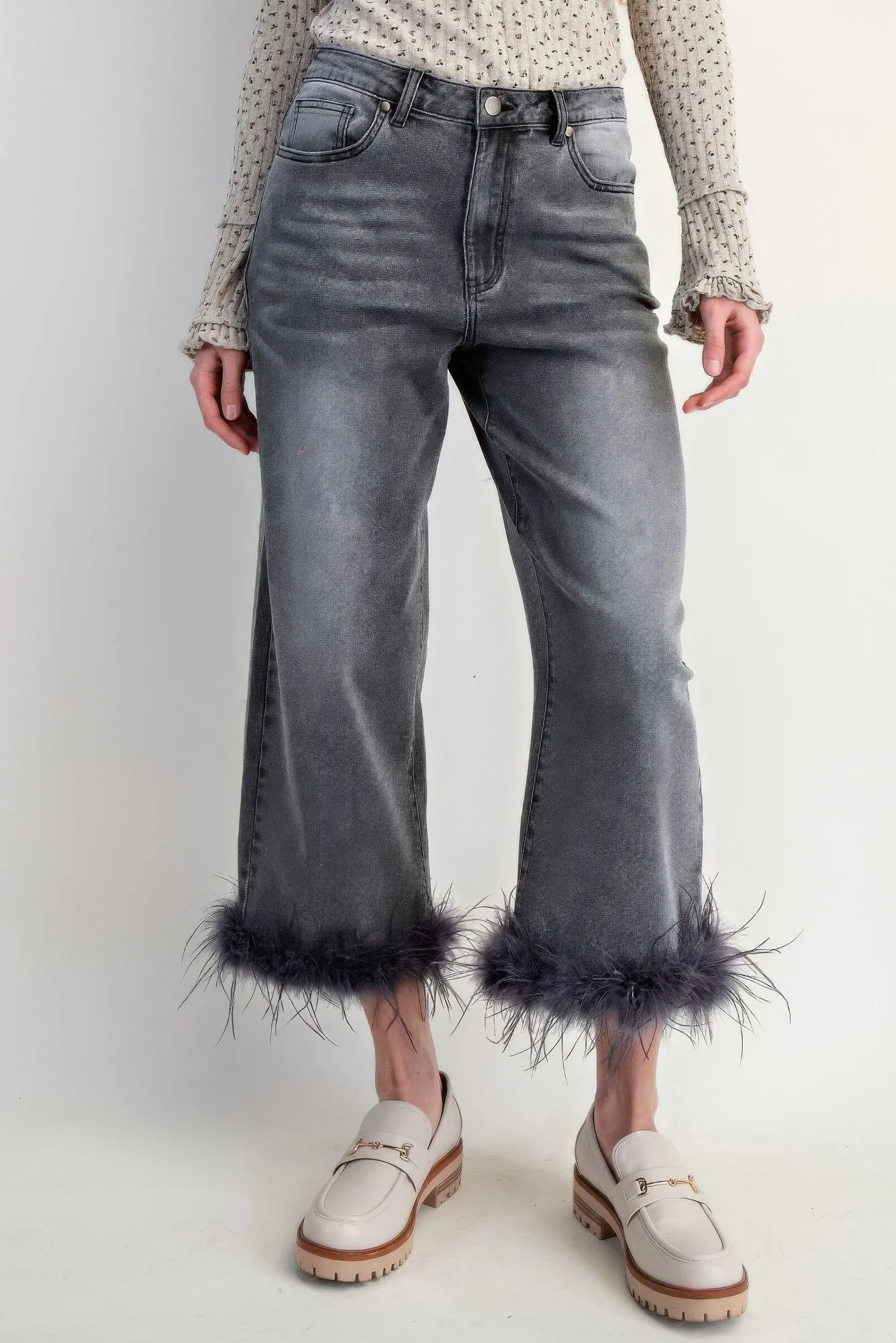 Fur Bottom Hem Washed Stretch Denim Pants sold by Unique Kulture