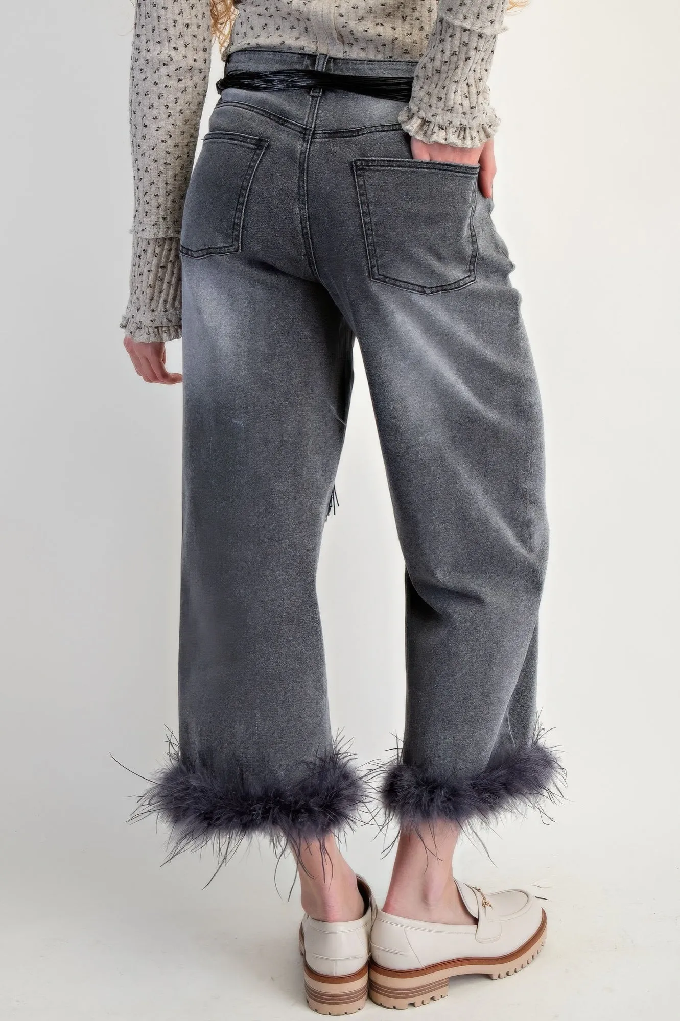 Fur Bottom Hem Washed Stretch Denim Pants sold by Unique Kulture product image thumbnail 5