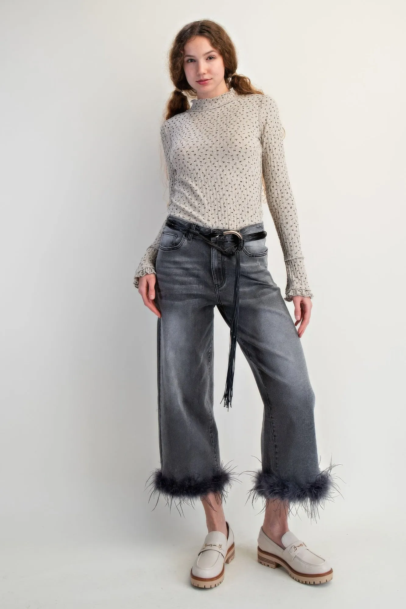 Fur Bottom Hem Washed Stretch Denim Pants sold by Unique Kulture product image thumbnail 2
