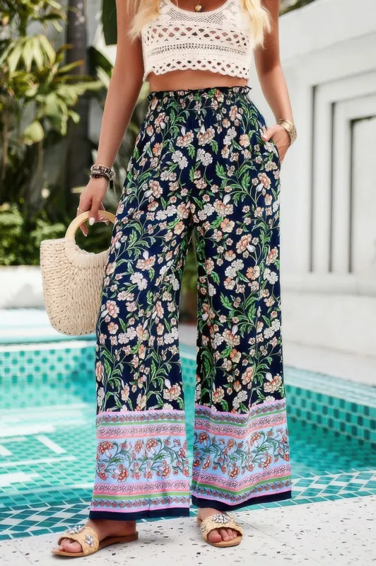 Floral Print Wide Stright Leg Pockets Elastic Pant sold by Unique Kulture