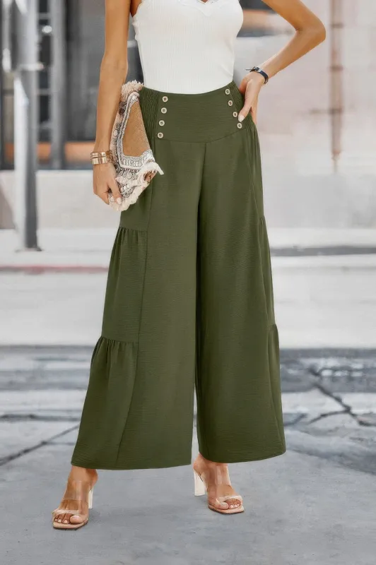 Solid Ruffle Button Wide Leg Pant made by Unique Kulture
