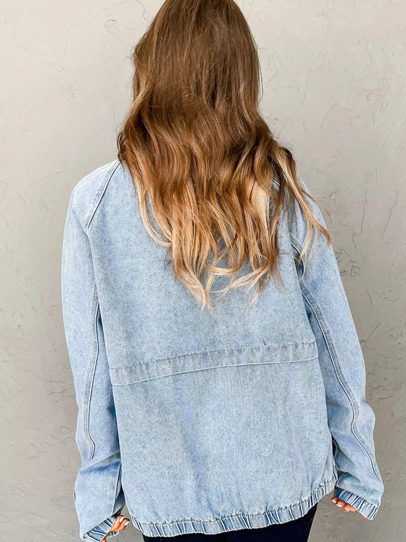 Elastic Edge Collared Zip Up Denim Jacket With Pocket sold by Unique Kulture product image thumbnail 4