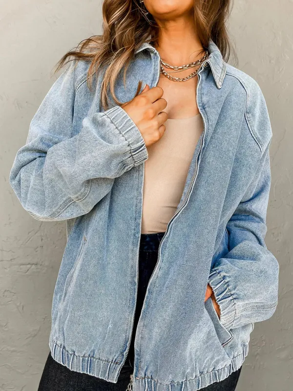 Elastic Edge Collared Zip Up Denim Jacket With Pocket sold by Unique Kulture