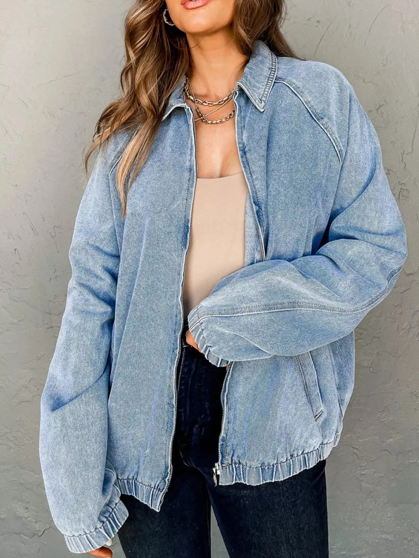 Elastic Edge Collared Zip Up Denim Jacket With Pocket sold by Unique Kulture product image thumbnail 2