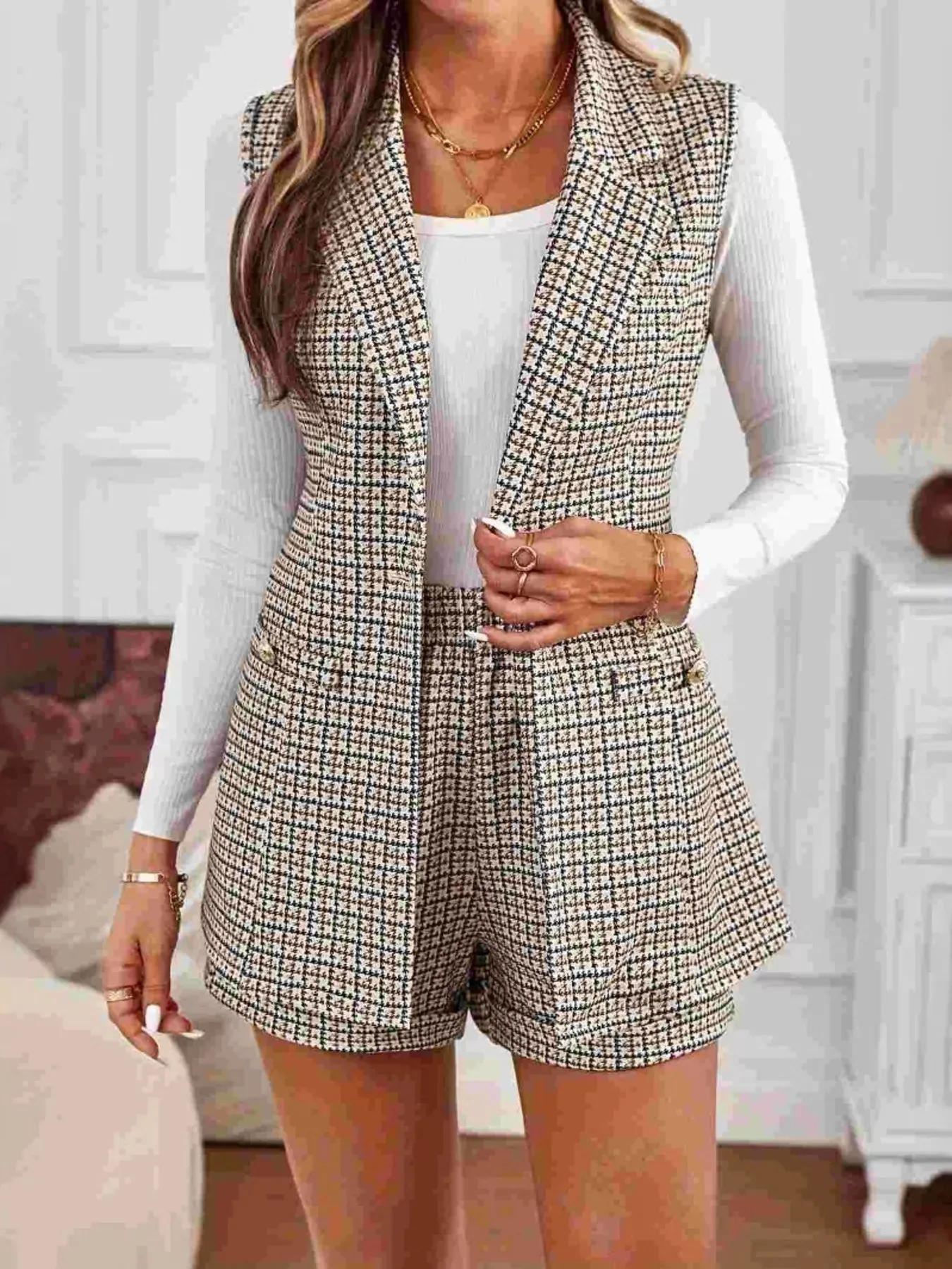 Houndstooth Lapel Collar Vest Coat and Shorts Set sold by Unique Kulture product image thumbnail 4