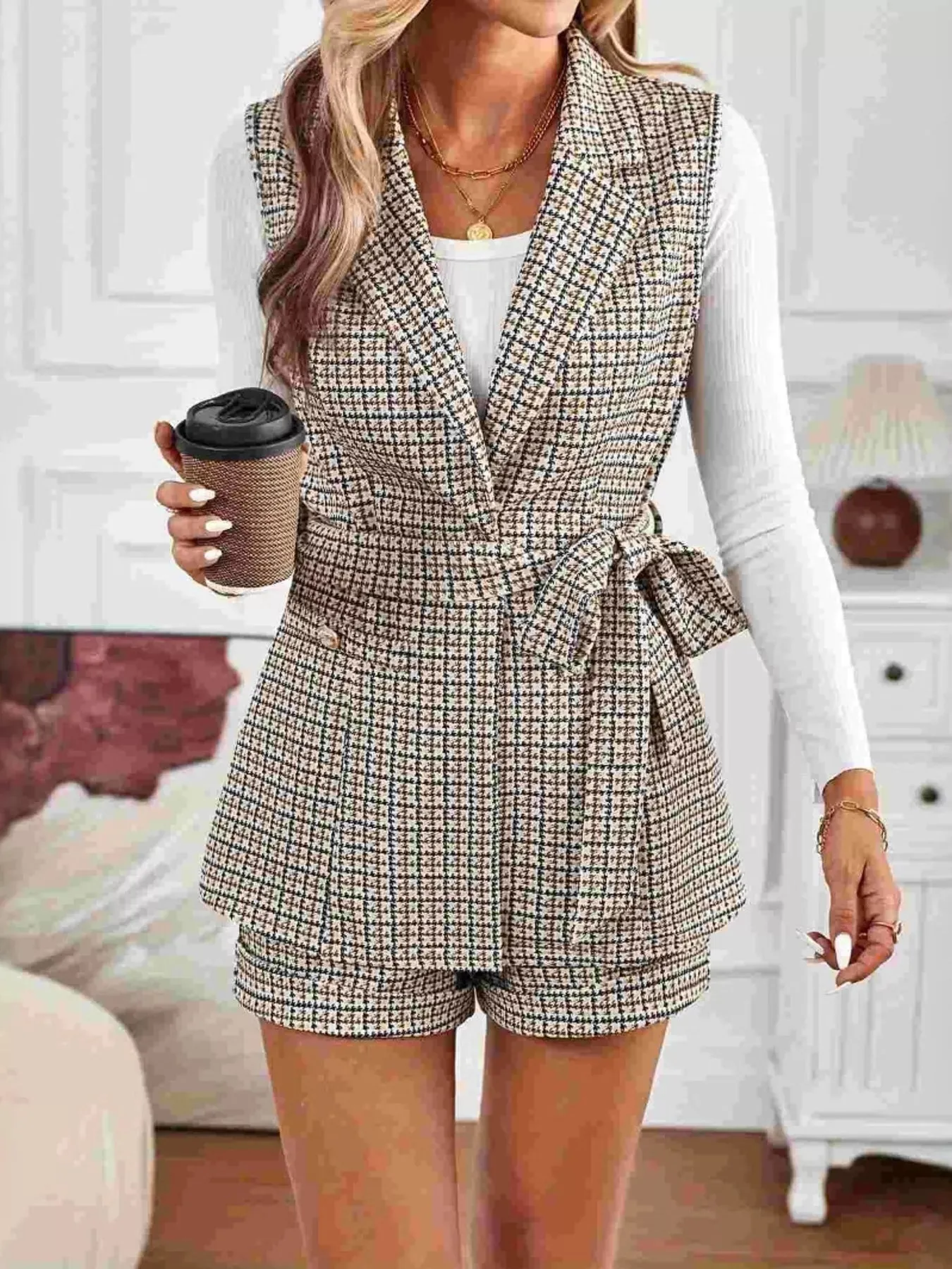 Houndstooth Lapel Collar Vest Coat and Shorts Set sold by Unique Kulture product image thumbnail 5