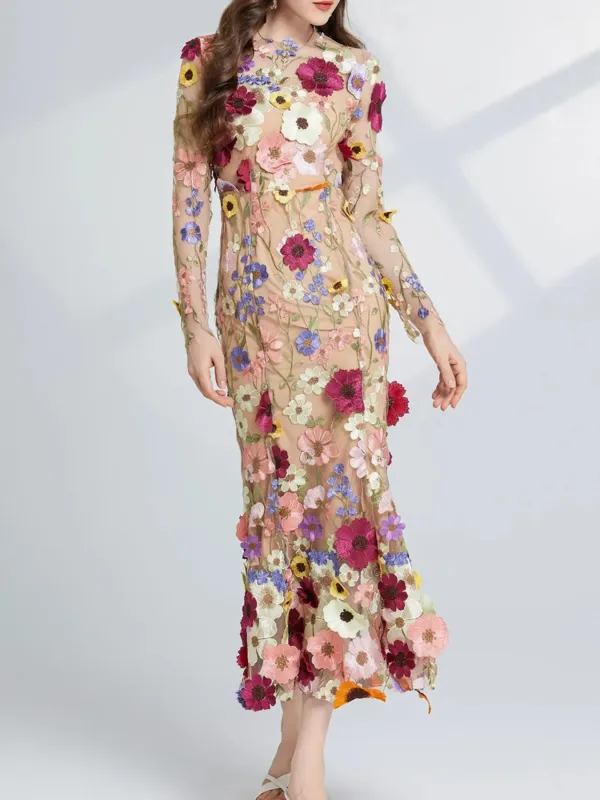 Floral Embroidered Mesh Long Sleeve Midi Dress sold by Unique Kulture