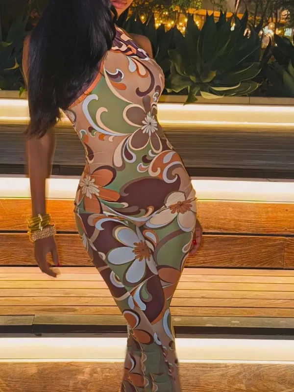 Tropical Print Halter Neck Bodycon Jumpsuit sold by Unique Kulture