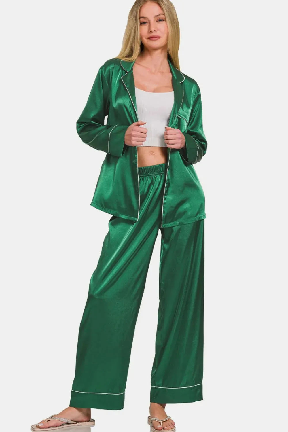 Zenana Satin Long Sleeve Shirt and Pants Pajama Set sold by Unique Kulture product image thumbnail 2