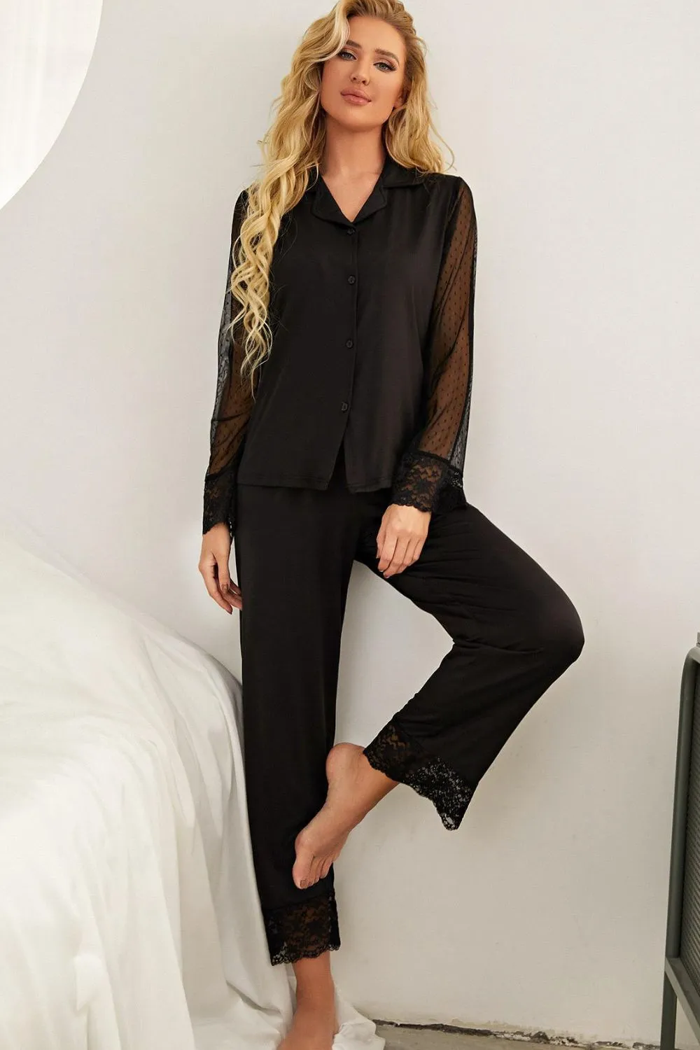 Spliced Lace Lapel Collar Pajama Set sold by Unique Kulture