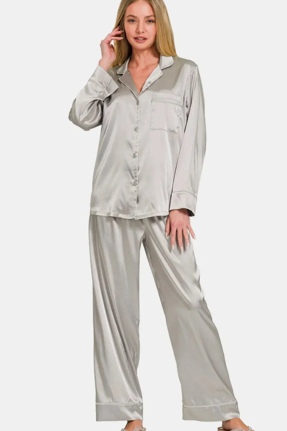 Zenana Satin Long Sleeve Shirt and Pants Pajama Set sold by Unique Kulture product image thumbnail 2