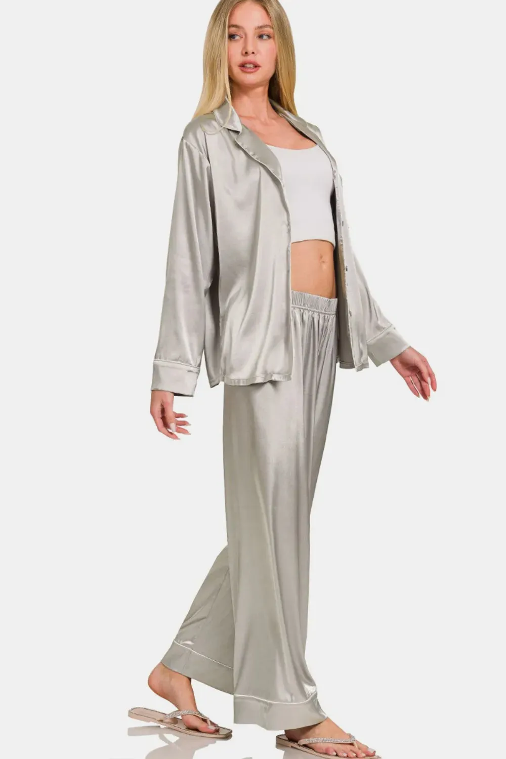 Zenana Satin Long Sleeve Shirt and Pants Pajama Set sold by Unique Kulture product image thumbnail 3
