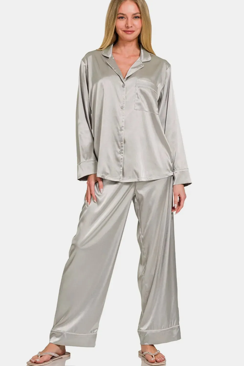 Zenana Satin Long Sleeve Shirt and Pants Pajama Set sold by Unique Kulture