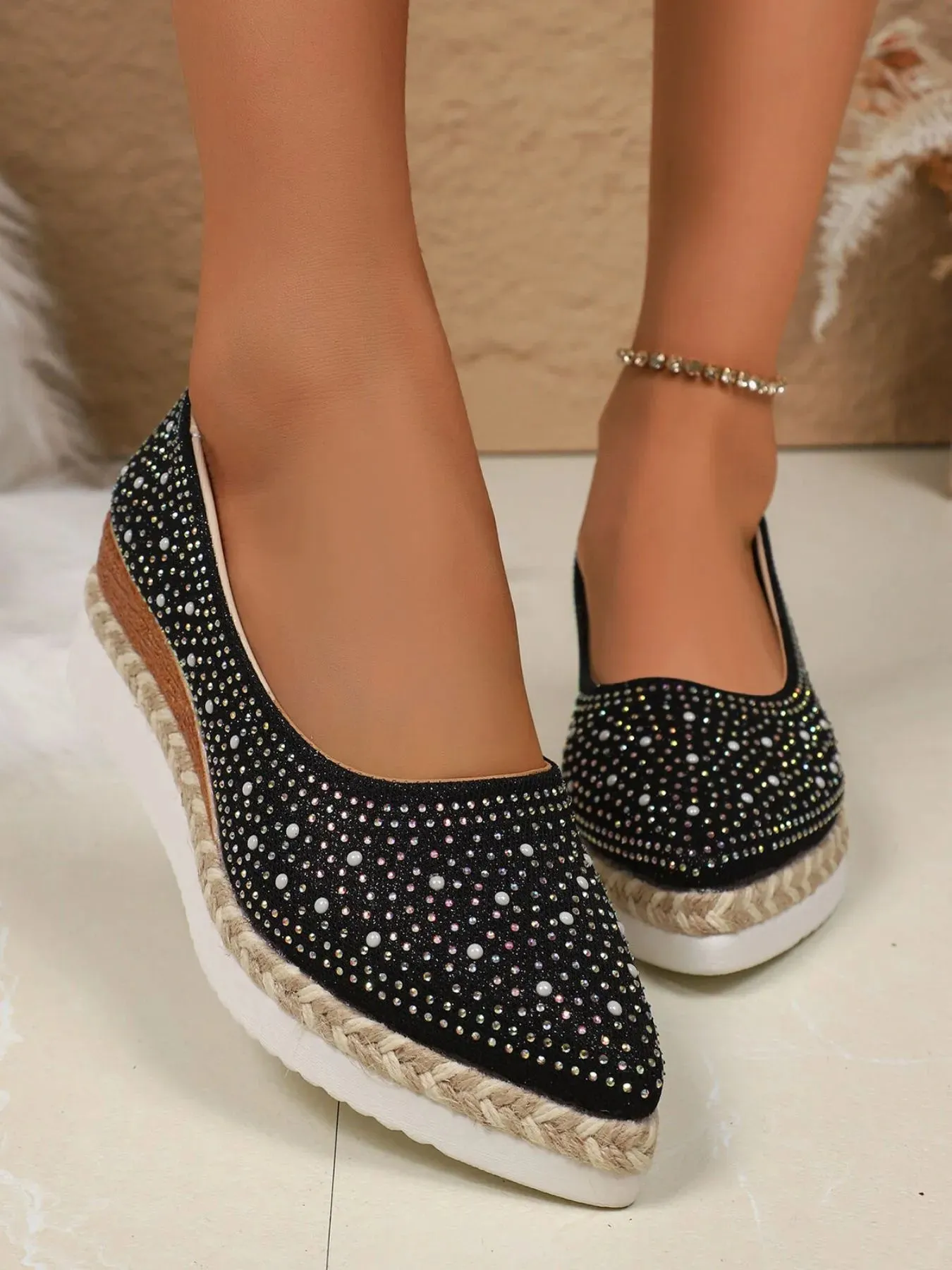 Rhinestone Point Toe Wedge Slip-Ons sold by Unique Kulture