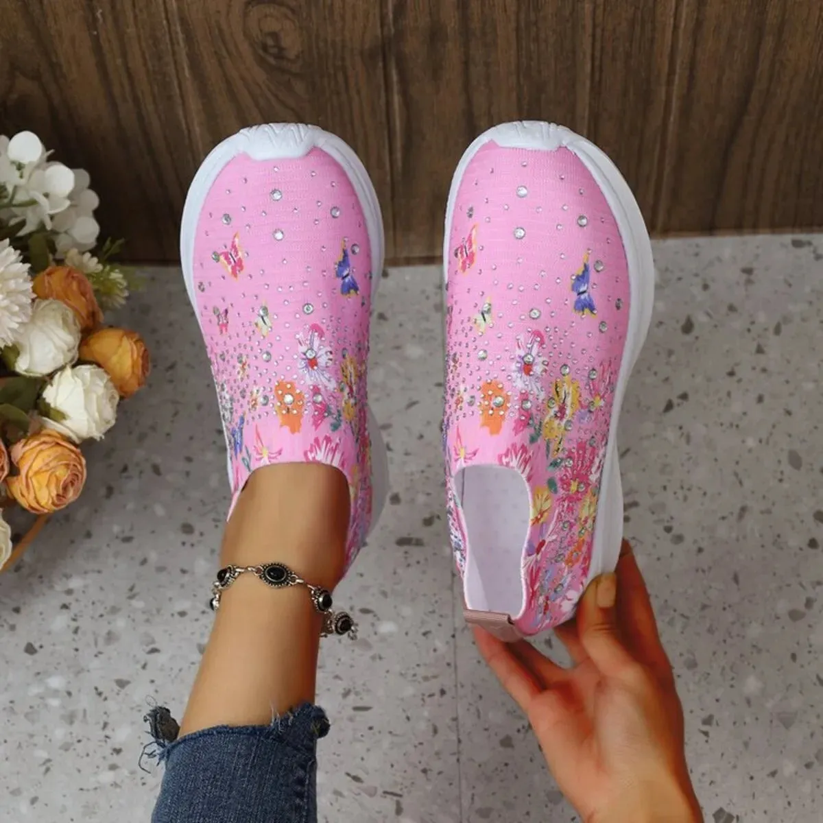 Rhinestone Floral Print Sneakers sold by Unique Kulture