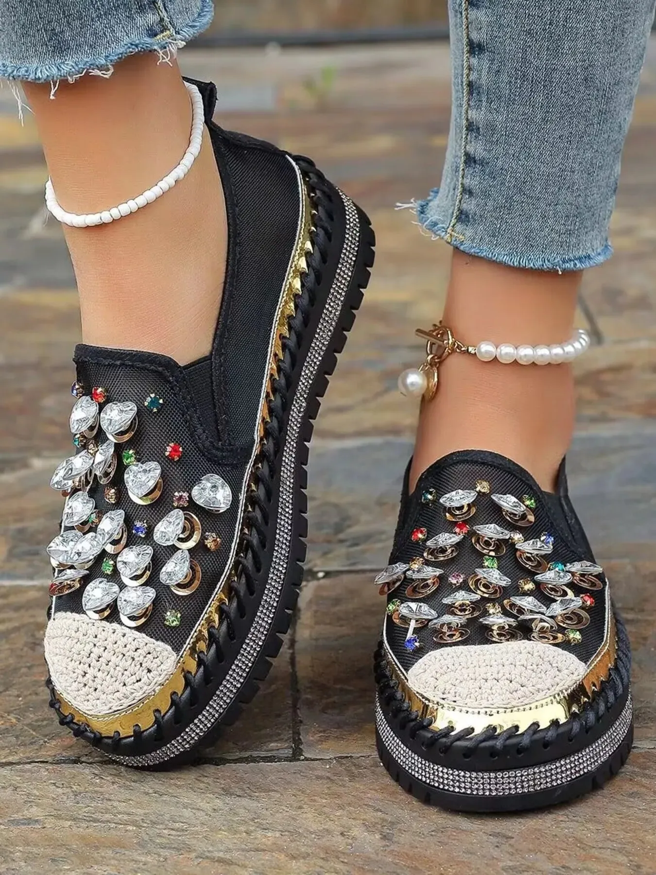 Rhinestone Round Toe Platform Loafers sold by Unique Kulture