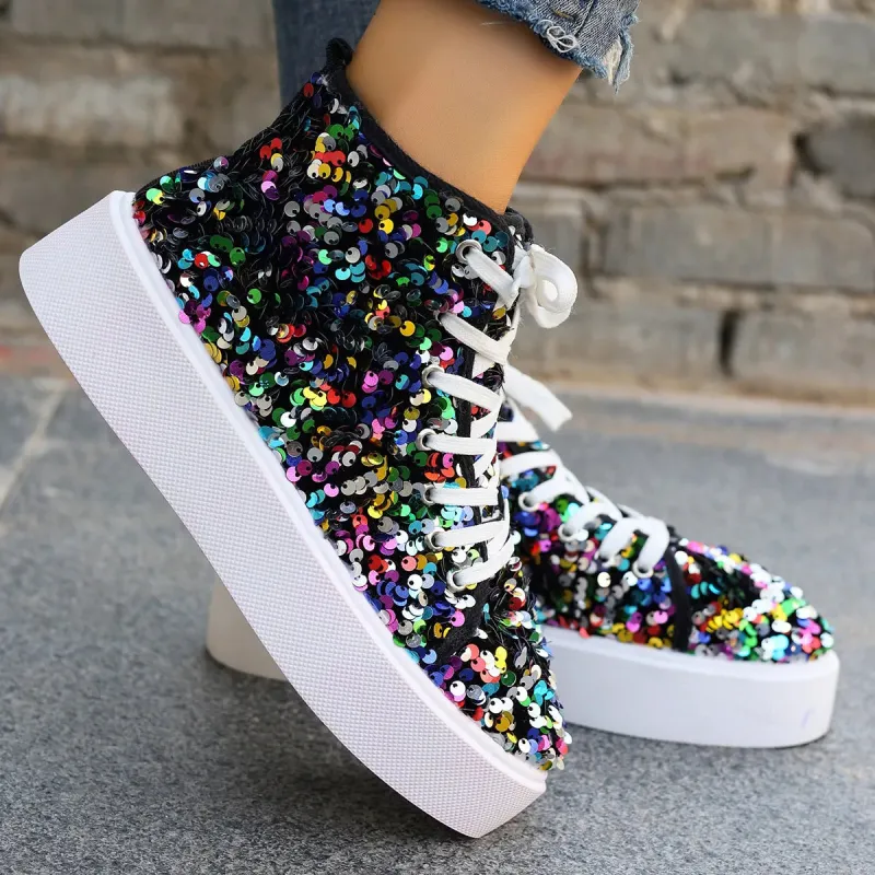Sequin Round Toe Platform Sneakers made by Trendsi