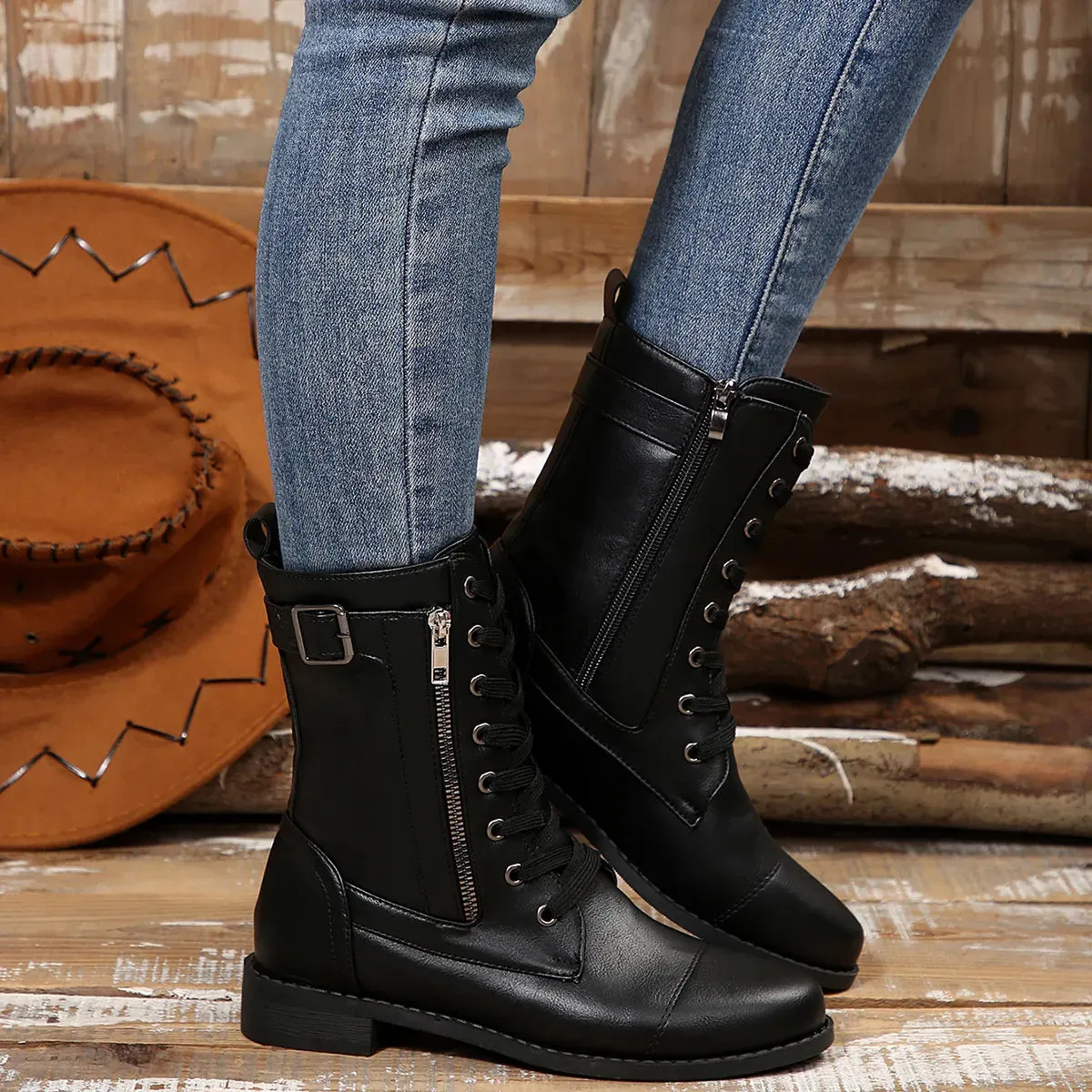 Round Toe Lace Up Block Heels Boots sold by Unique Kulture product image thumbnail 3
