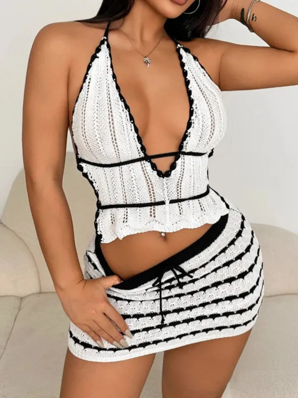 Openwork Halter Neck Cami and Skirt Sweater Set sold by Unique Kulture