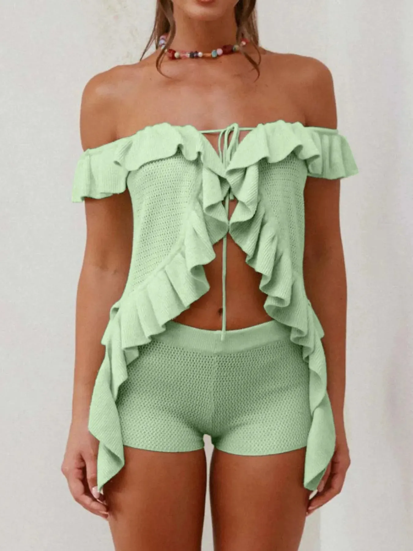 Off-Shoulder Ruffle Top and Shorts Sweater Set sold by Unique Kulture product image thumbnail 5