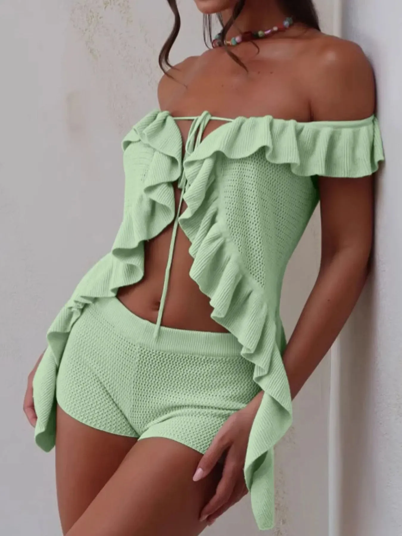 Off-Shoulder Ruffle Top and Shorts Sweater Set sold by Unique Kulture product image thumbnail 2