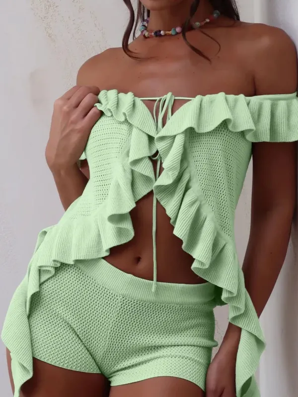 Off-Shoulder Ruffle Top and Shorts Sweater Set made by Trendsi