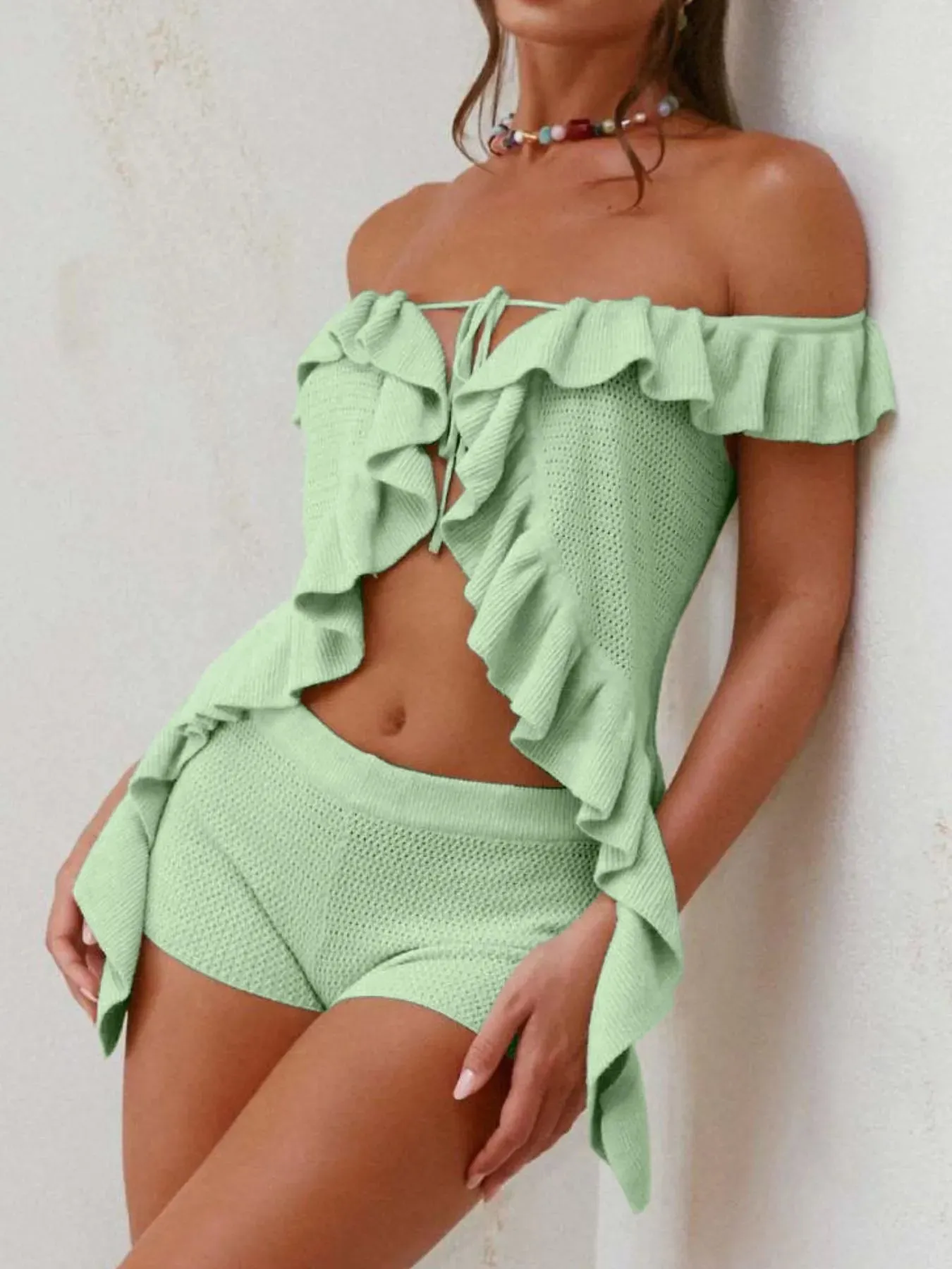 Off-Shoulder Ruffle Top and Shorts Sweater Set sold by Unique Kulture product image thumbnail 4