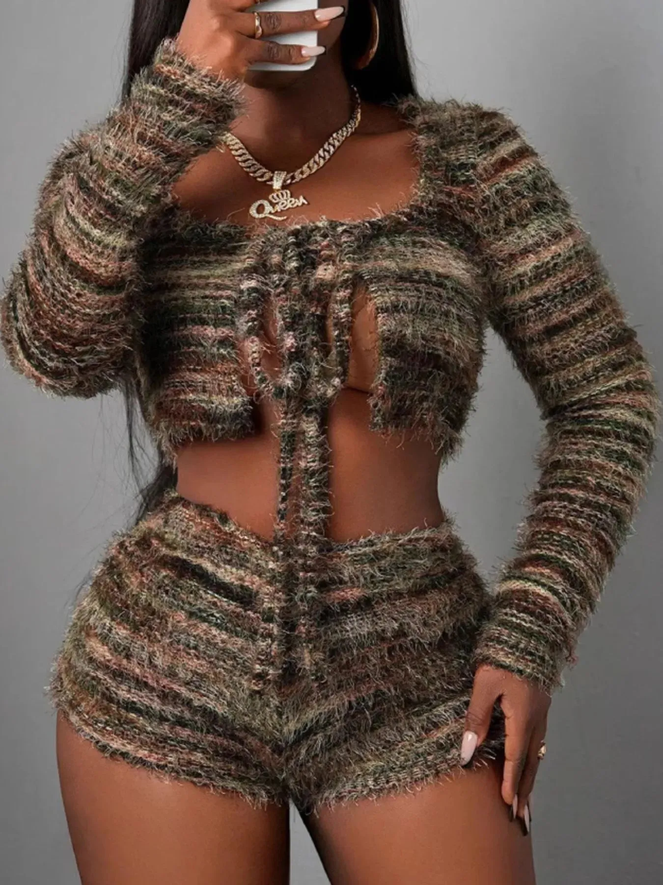Square Neck Crop Top & Shorts Sweater Set – Trendy Two-Piece Lounge Set for Women sold by Unique Kulture product image thumbnail 3