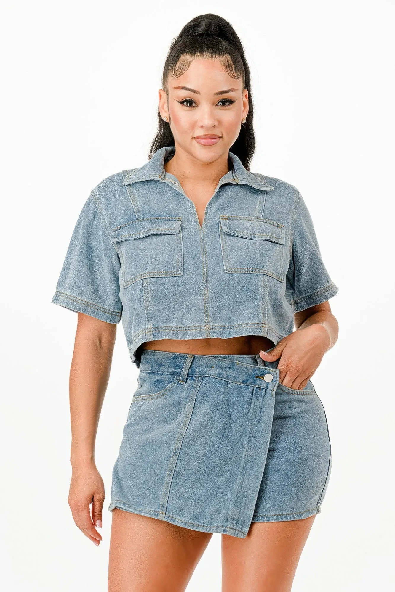 Cropped Denim Shirt And Skort Set sold by Unique Kulture
