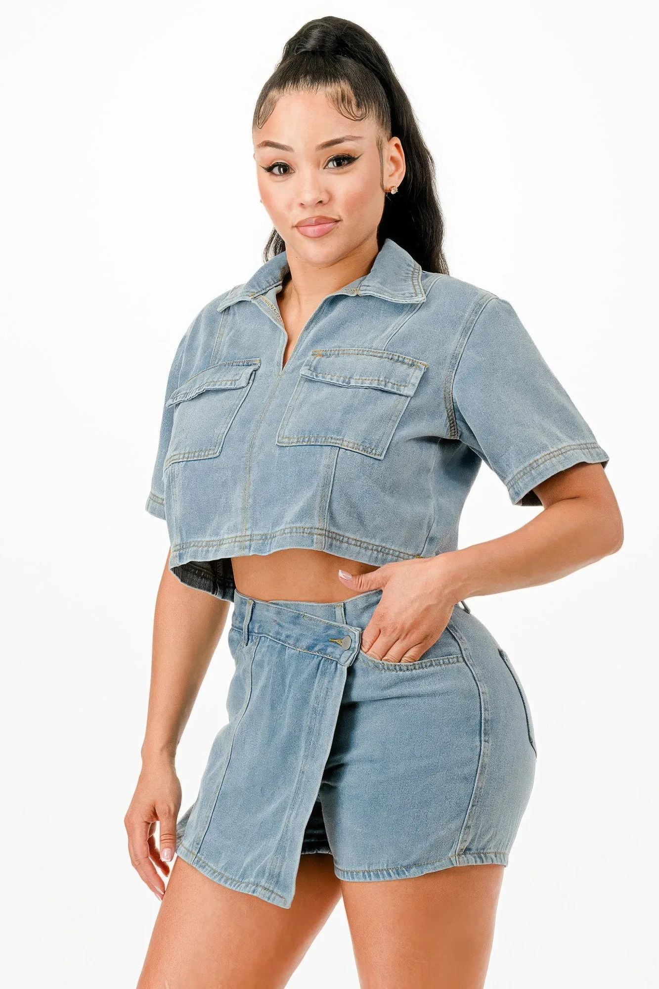 Cropped Denim Shirt And Skort Set sold by Unique Kulture product image thumbnail 4