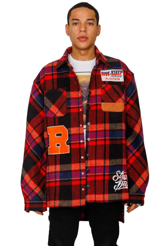 AUREOLIN Men's graphic prints and patches red plaid pattern cotton heavy flannel elongated oversize snap button outer shirt. sold by Unique Kulture