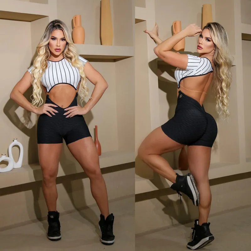 SCRUNCH BOOTY BACK WAVE AND STEPPED BLACK AND WHITE SHORT JUMPSUIT made by Unique Kulture