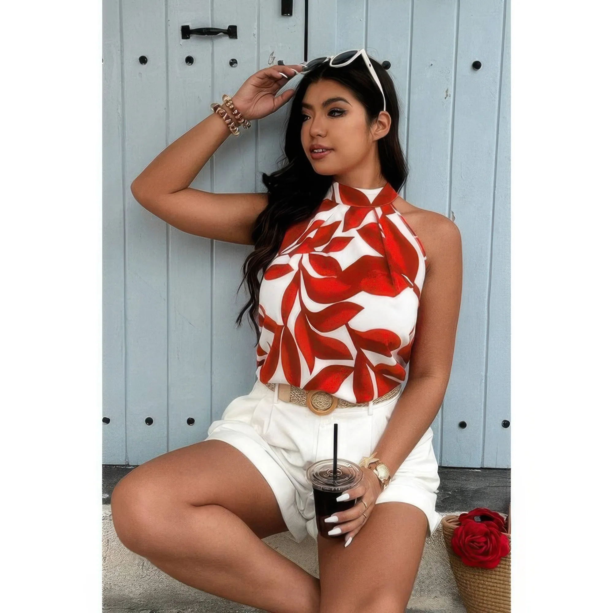 Plus Plant Print Halter Sleeveless Loose Blouse sold by Unique Kulture product image thumbnail 4