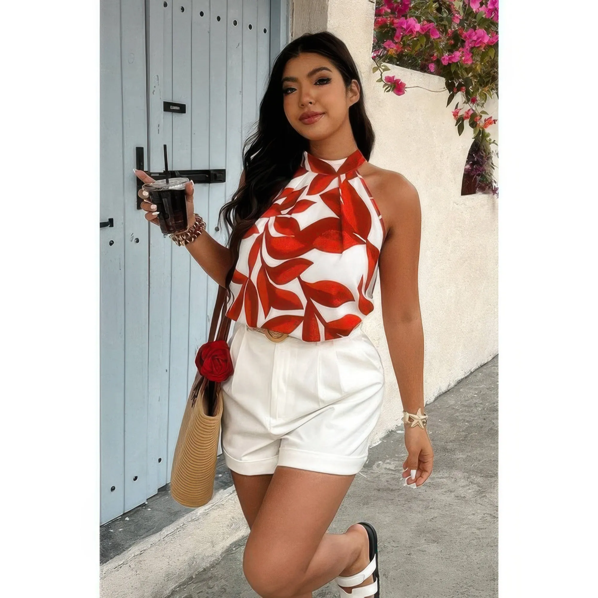 Plus Plant Print Halter Sleeveless Loose Blouse sold by Unique Kulture product image thumbnail 3
